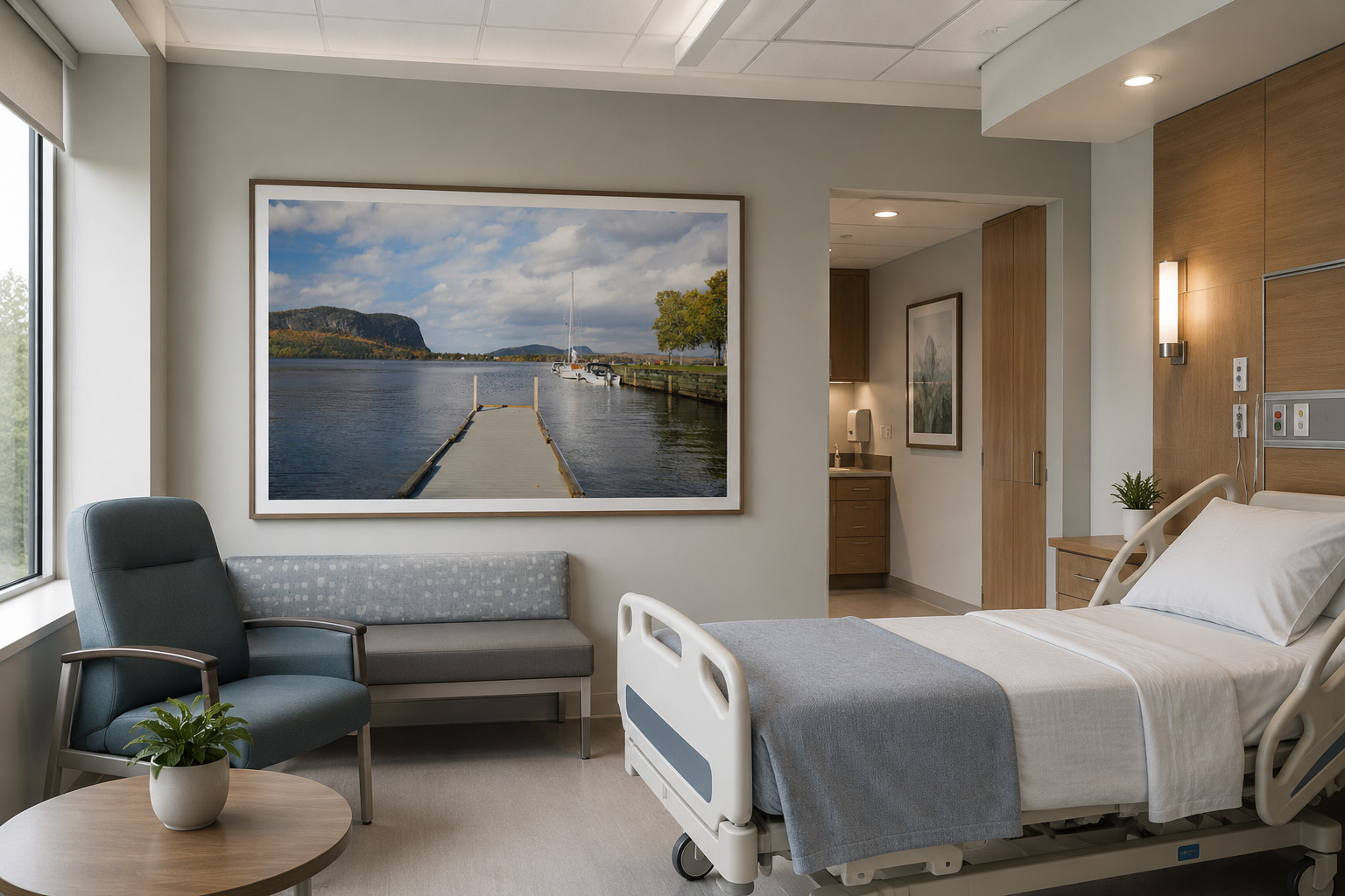 Patient room with calm lake landscape photography print by Dan Sproul